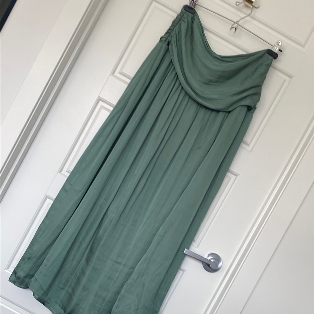 Anthropologie Green Maxi A-Line Skirt Ruched Cocktail with slit